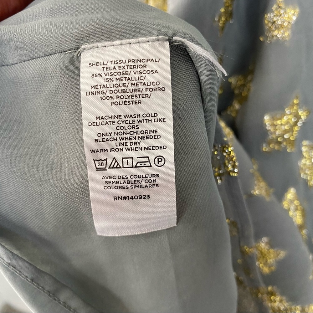 LOFT Dress Womens Medium Gray Gold Star Print Metallic Tiered Long Sleeve Lined - Picture 10 of 11